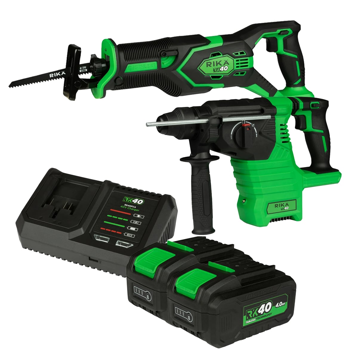Rikä RK40 40V Demolition Kit | SDS+ Rotary Hammer + Recip Saw | Brushless | 2x 4.0Ah Tabless Batteries